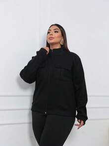 Women's Wool Coat With High Neck, Zipper And Pockets, Casual Winter - 黑色 - 查看 7