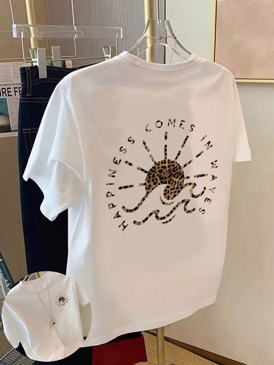 大尺碼女款休閒豹紋與太陽波浪圖案圓領短袖T恤上衣,海灘風度假穿搭,白色夏季款 - 白色 - 查看 1