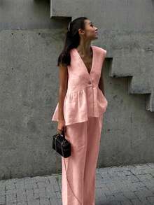 Women's 2-Piece Summer 2026 Set, Consisting Of A V-Neck Vest With Ruffled Hem And Trousers, In A Casual Yet Elegant Style, Made Of Linen, In Yellow. Casual Outfit. - 羅莎 - 查看 1
