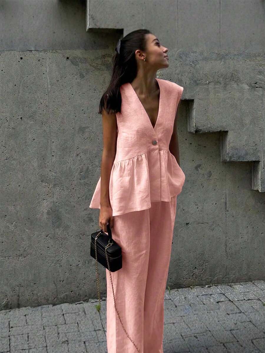 Women's 2-Piece Summer 2026 Set, Consisting Of A V-Neck Vest With Ruffled Hem And Trousers, In A Casual Yet Elegant Style, Made Of Linen, In Yellow. Casual Outfit. - 羅莎 - 查看 1