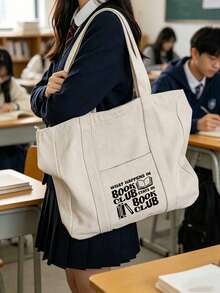 手提包與配套化妝包，書本圖案，印有「BOOK CLUB」，極簡主義購物袋，米色休閒風格，便攜式盥洗包，後背包，大容量，便攜，適合青少年女孩、女性、大學生、白領職員，完美適用於工作、返校、中學、高中、大學、假期、教師節禮物 - 彩色 - 查看 6