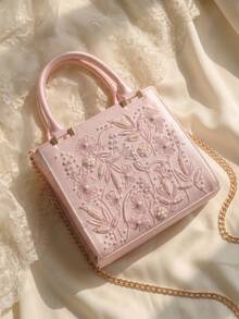 女款珍珠刺繡花卉手提包，婚禮賓客包，優雅手提迷你托特包，鏈條肩背晚宴包 - A - 查看 9