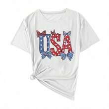 White T-Shirt For Toddlers With Patriotic 4th Of July Print, Casual, Short Sleeve, , Kindergarten Graduation, 4th Of July Girls, Children's Items, Clothing - 藍白色 - 查看 1