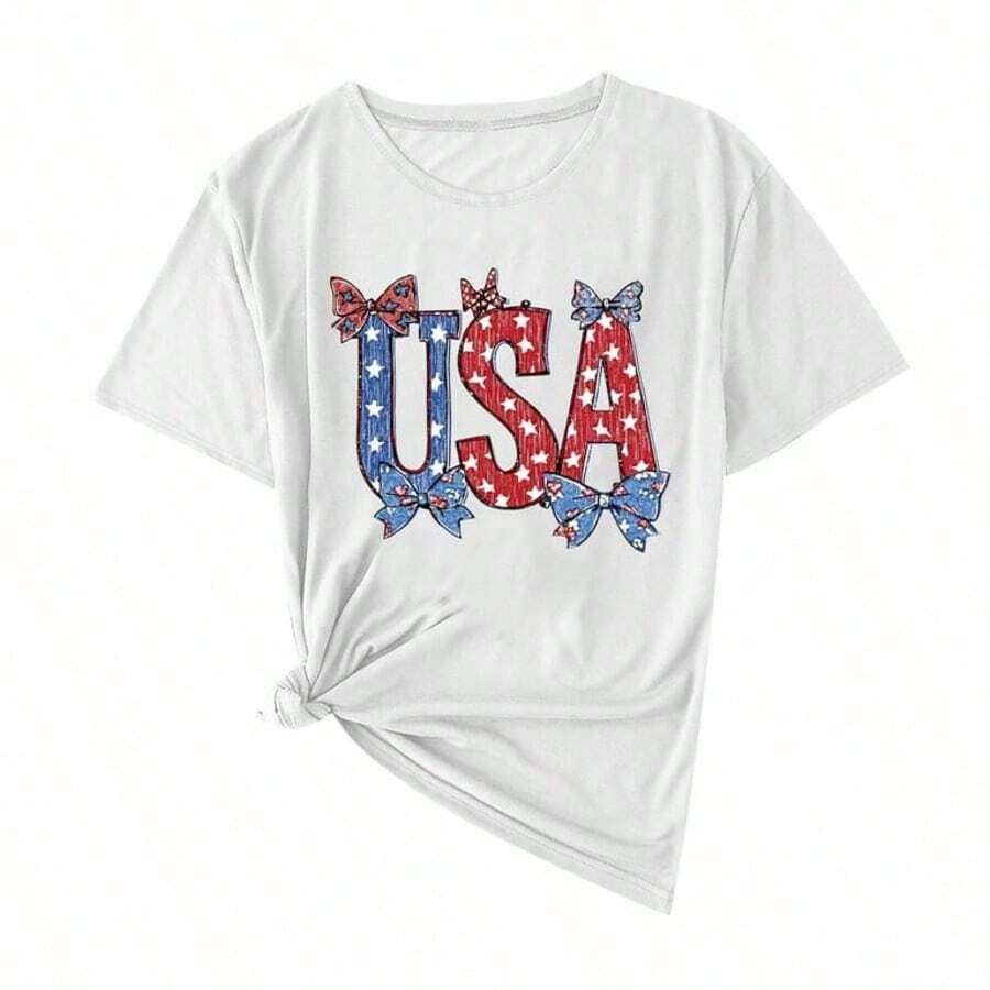 White T-Shirt For Toddlers With Patriotic 4th Of July Print, Casual, Short Sleeve, , Kindergarten Graduation, 4th Of July Girls, Children's Items, Clothing - 藍白色 - 查看 1