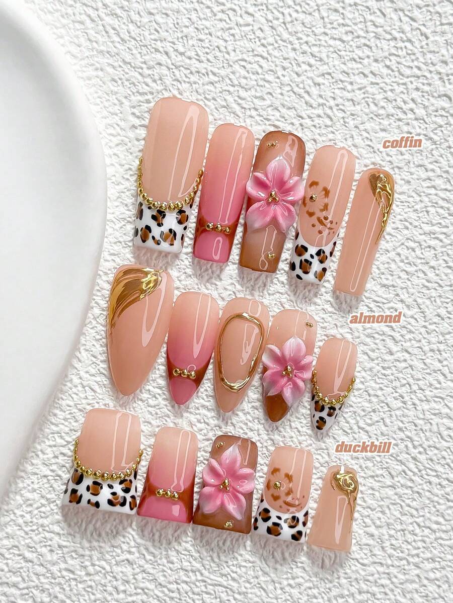 10件/組夏季風格手工壓接式美甲,Poly Gel美甲套裝,粉色蝴蝶結、花卉、手繪魚尾設計,粉藍白配色,時尚風格,含美甲工具,3種甲型可選(鴨嘴、棺材、杏仁),亮片美甲,適合派對、舞會、日常配戴 - 彩色 - 查看 1