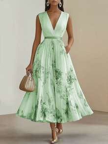 Vestidos elegantes para fiesta sin mangas estampado sensual falda amplia estilo europeo casual para mujer - Verde - Ver 4
