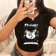 Camiseta Corta Divertida con Estampado de Gato para Mujer, Estilo Ulzzang, Años 2000, Camiseta Gótica para Mujer, Camiseta de los 90 - 6097 - Ver 30