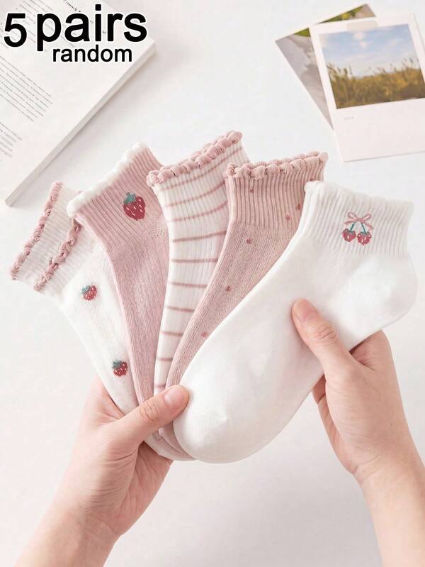 5 Pairs Random Assorted Spring/Summer Women's Pink Bubble Cuff Short Socks, Cute Ruffle Edge Girls Short Socks Suitable For Casual And Party Outfits, Comfortable Daily Wear, Cute Design
