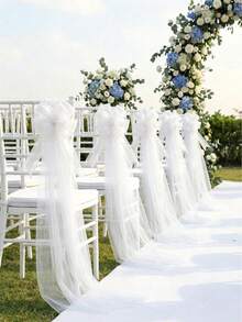 5pcs White Decorative Bows, Wedding Chair Sashes, Organza Ribbon Bows, Wedding Aisle Chair Decor, Ribbon Bows, 2026 Wedding Party Decor Supplies, Anniversary Indoor Outdoor Decor, Wedding Banquet Decor, Home Decor, Wedding Supplies, Wedding Decor, Baby Shower Decor, Birthday Party Decor, Wedding Party Tulle, Chair Sashes Ribbon Bows, Party Favors, Wedding Car Decor, Wedding Church Decor - White - View 2