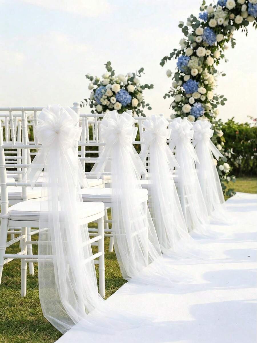 5pcs White Decorative Bows, Wedding Chair Sashes, Organza Ribbon Bows, Wedding Aisle Chair Decor, Ribbon Bows, 2026 Wedding Party Decor Supplies, Anniversary Indoor Outdoor Decor, Wedding Banquet Decor, Home Decor, Wedding Supplies, Wedding Decor, Baby Shower Decor, Birthday Party Decor, Wedding Party Tulle, Chair Sashes Ribbon Bows, Party Favors, Wedding Car Decor, Wedding Church Decor