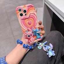 Disney Has Authorized, Phone Case - Chain Set, The Stitch Lilo & Stitch 3D Phone Case Plus A Silicone 3D Stitch Bracelet With Metallic Ring Removable Bracelet, Stitch And Angel Pattern, Compatible With Iphone17/16/15/14/13/12/11/XS/XR/X Plus Pro Max, A Stylish Cartoon Phone Case, The Perfect Gift Choice, Phone Protection, Durable Phone Cover, Great Gift For Friends And Family. - 白色 - 查看 2