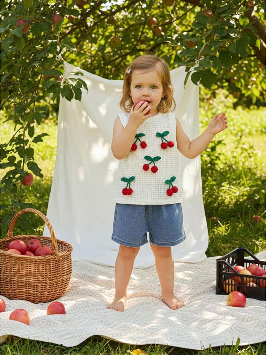 Conjuntos de verano de 2 piezas para niñas: top sin mangas con cuello redondo y estampado de cerezas en 3D, y shorts vaqueros. - Albaricoque - Ver 1