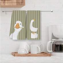 2pcs Green Striped Background Goose Pattern Kitchen Towels, Reusable, Suitable For Home Kitchen Cleaning, Housewarming Home Decor Gift, Kitchen Accessories - Multicolor - View 2