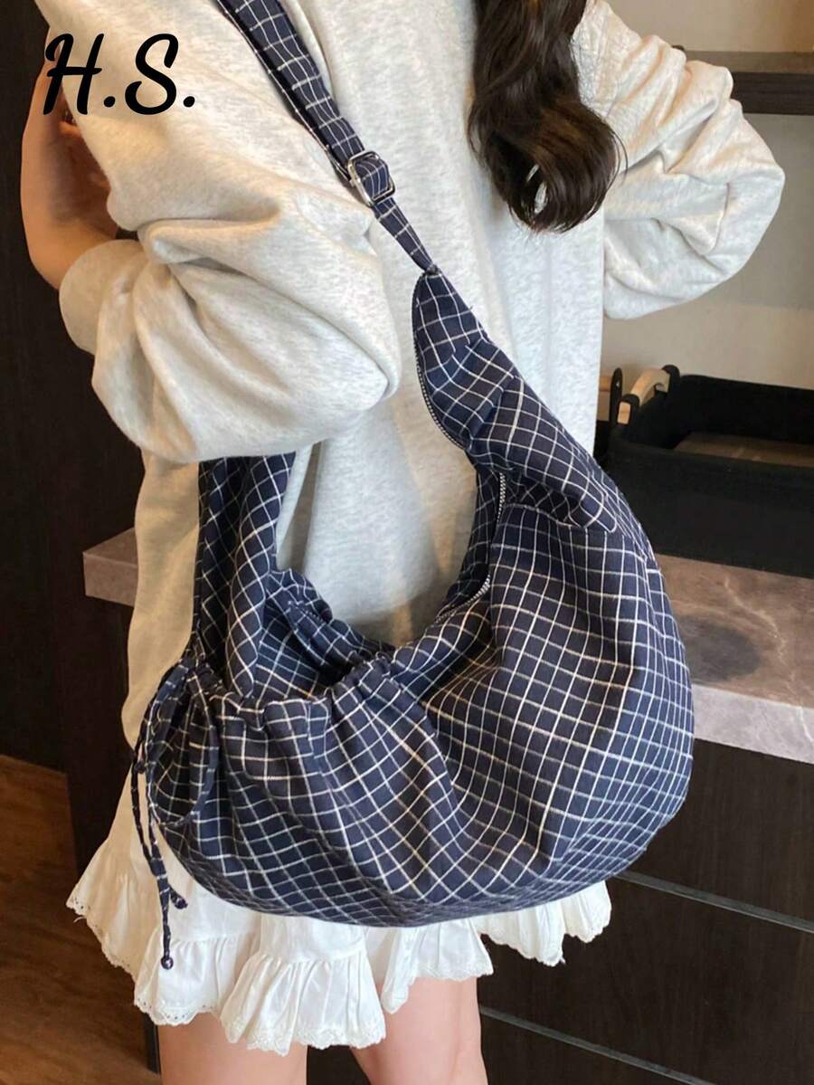 Japanischer Stil karierte Umhängetasche, modische plissierte Schleife Reißverschluss Umhängetasche, leichte faltbare Stofftasche für Schule/Studenten, geeignet für Einkaufen, täglichen Weg, Halbmond Tasche