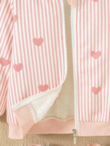 Girls' Casual Fashion Striped Heart Print Zipper Baseball Collar Long Sleeve Fleece Lined Jacket, Autumn/Winter - Pink - View 5