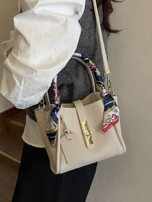 2pcs Spring New Fashion PU 2-Piece Set Medium Size Women's Handbag, Minimalist Commuter Shoulder Crossbody Bag With Scarf Decoration, Suitable For Women And Girls, Work Essential - Beige - View 5