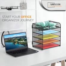 Black 5-Tier Letter Tray Paper Organizer - Metal Desktop File Holder With Handle, Stackable Document Shelf For Office & Classroom Organization - Black - View 5