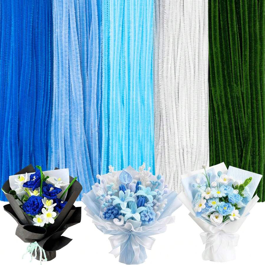 250/500 Peças Hastes de Chenille para Buquê DIY, Hastes de Flor de Chenille para Buquê de Formatura Feito à Mão, Varas de Pelúcia de Flor Feitas à Mão, Projeto de Arte de Presente DIY (Cor Azul, 12 Polegadas) - Multicolorido - Visão 1