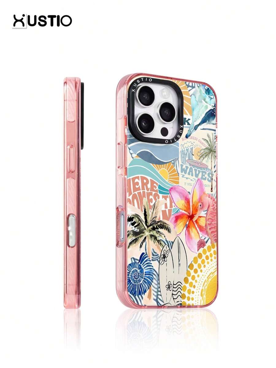 1 pieza Funda protectora de teléfono de material TPU transparente a prueba de golpes con diseño de moda de verano de playa, árbol de coco, tabla de surf y flor tropical, con protección para la protuberancia de la cámara, se puede dar como regalo de vacaciones a parejas y amigos, compatible con teléfonos Apple Xs/Xsmax/Xr/11 12 13 14 15 16pro/Promax/14 15 16plus, 17promax. - Multicolor - Ver 1