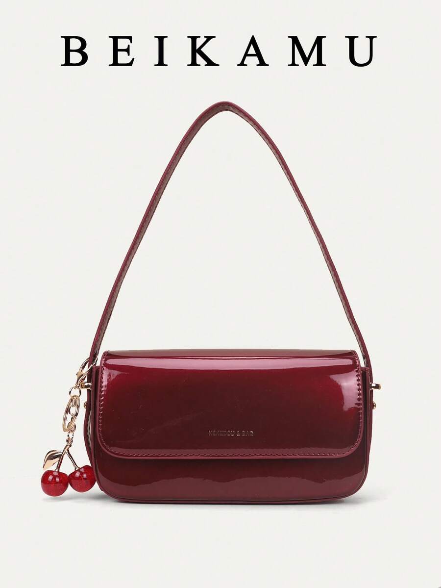 Solid Color Minimalist Elegant Fashion Small Square Handbag, Suitable For School, Commute, Casual, Travel, Lightweight, Comes With Cherry Charm