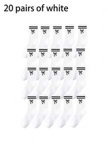6/8/10/20 Pairs Neutral Classic Bow Pattern Breathable Moisture-Wicking Mid-Calf Socks, Soft Casual Sports Socks, Suitable For Daily Wear - Multicolor - View 11