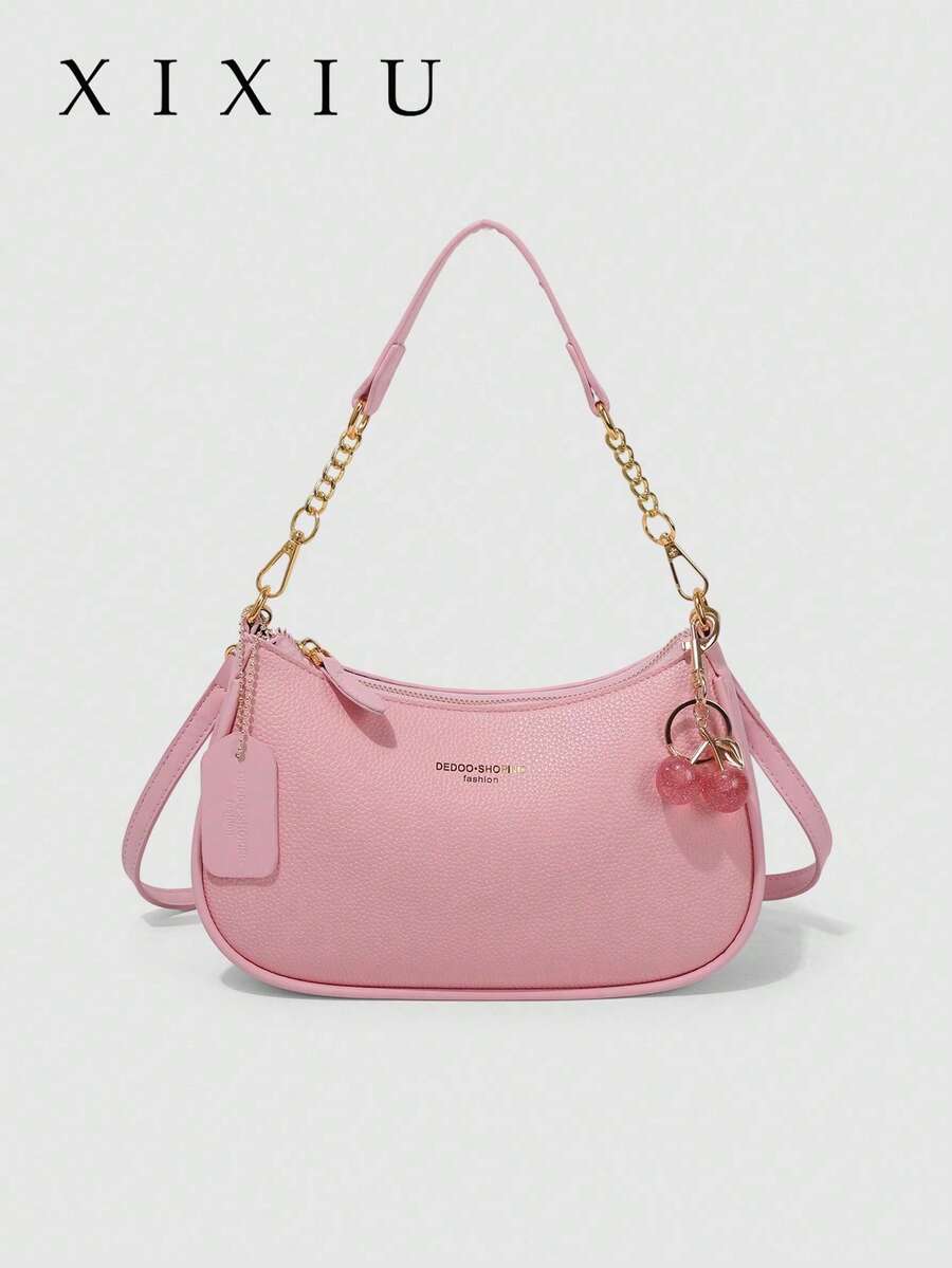 This Fashionable Women's Shoulder/Underarm Bag Is Made Of PU Leather, Decorated With A Delicate Cherry Pendant, And Features A Metal Chain Shoulder Strap. Suitable For Various Occasions, Including Outings, Travel, Shopping, Commuting, Gifting, And Parties.