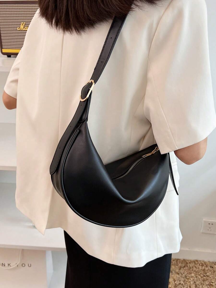 Fashion Solid Color Minimalist Large Capacity Zipper Shoulder Bag, Suitable For Women Shopping, Dating, Commuting And Daily Use - Black - View 1