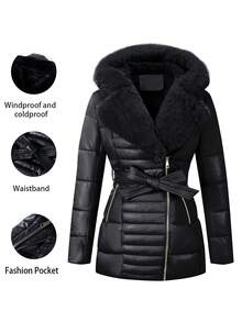 Giolshon Women's Faux Leather Down Jacket, Faux Fur Collar, Teacher Outfit, Adjustable Waistband, Fashionable For Commuting And Layering In Autumn/Winter - Black - View 2