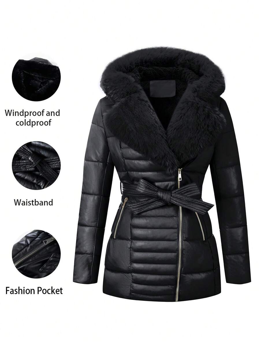 Giolshon Women's Faux Leather Down Jacket, Faux Fur Collar, Teacher Outfit, Adjustable Waistband, Fashionable For Commuting And Layering In Autumn/Winter