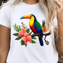Playera Mujer Estampado Tucán Tropical Flores Orquídea Acuarela Manga Corta Estilo Naturaleza Bohemio - Blanco - Ver 1