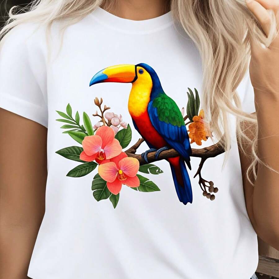 Playera Mujer Estampado Tucán Tropical Flores Orquídea Acuarela Manga Corta Estilo Naturaleza Bohemio - Blanco - Ver 1