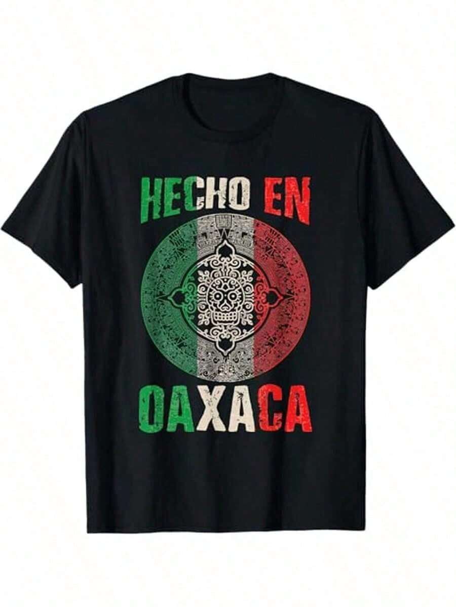 Men's T-Shirt Made In Oaxaca, Mexico, Mexican Pride - Vibrant Red With Green And White Cultural Print, Short Sleeve, Casual Crew Neck, Mexican Pride Graphic T-Shirt - 黑色 - 查看 1