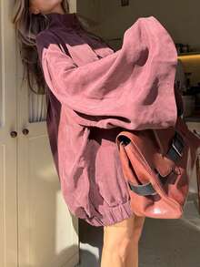 女款素色立領休閒百搭日常出遊外套 - 酒紅色 - 查看 6
