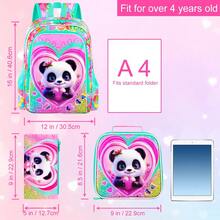 Juego de 3 piezas de mochila para niñas, estampado de panda y corazón con pompón, correas ajustables acolchadas, cremallera, linda mochila escolar + lonchera + estuche para la escuela & regalos - Rosa - View 3