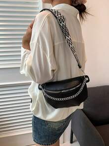 Mini Bolso de Cintura/Pecho Minimalista Versátil Unisex de unicolor, Decoración de Cadena Metálica, Correa para Hombro Destacada - Negro - Ver 5
