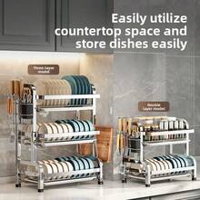 Kitchen Accessories, Large Capacity Stainless Steel Dish Drying Rack - Double Layer Kitchen Dish Rack With Drip Tray, Multi-Functional Rust-Proof Dish Drying Rack, Suitable For Home Kitchen Countertop - Space-Saving, Easy To Clean, Durable Kitchen Accessory - Silver - View 3