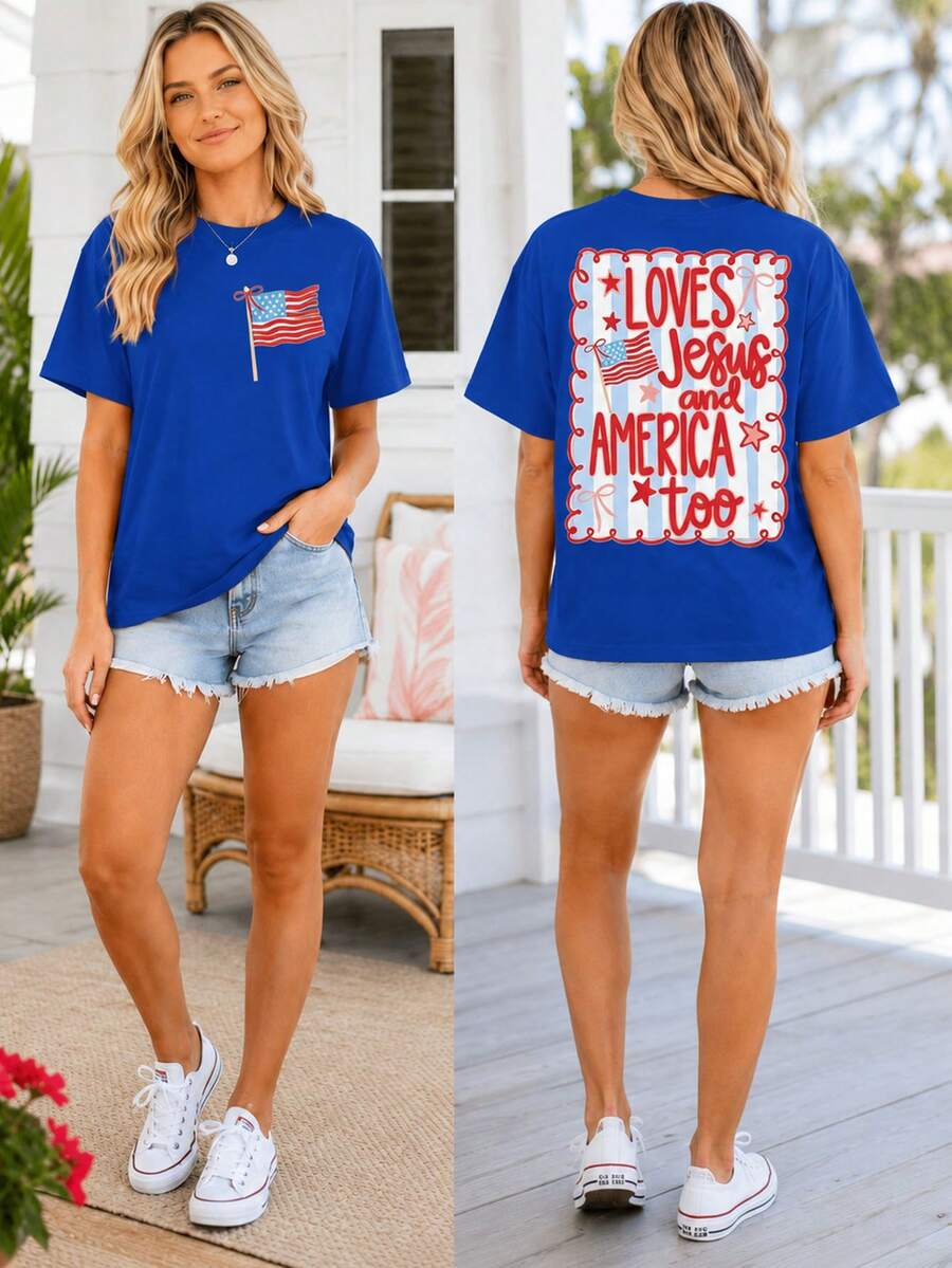 Women's Blue Cotton Round Neck Short Sleeve T-Shirt With American Flag & 'Loves Jesus And America Too' Back Print, Casual Summer Loose Top - 藍色 - 查看 1