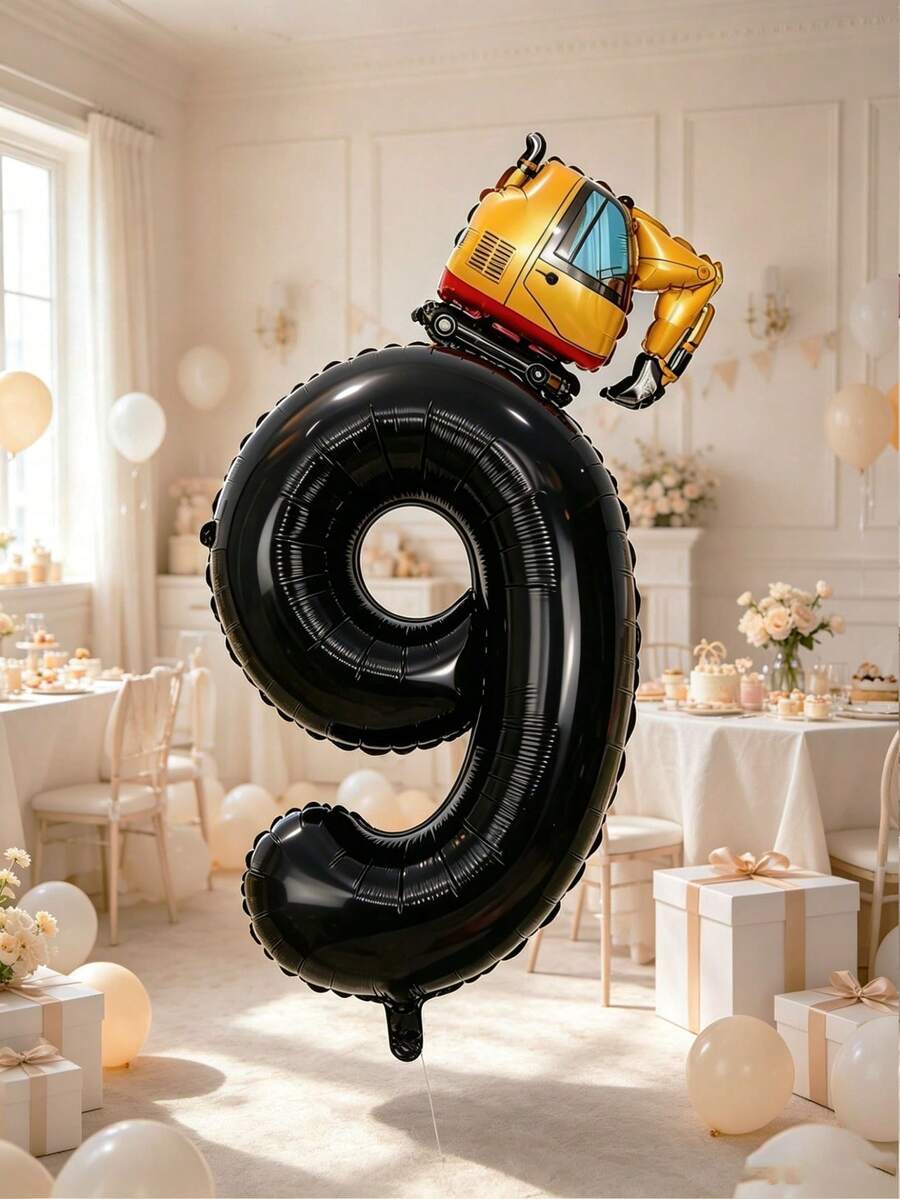 2pcs Construction Truck & Excavator Foil Balloon Set, Includes 0-9 Black Digit Foil Balloons & 3D Excavator Decor, Suitable For Birthday Surprise, Birthday Party, Theme Party, Graduation Party, Back To School, Bachelor Party, Anniversary Celebration, Father's Day, Proposal, Couple's Anniversary - View 1
