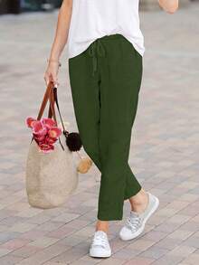 Jisfaneya Women's Solid Color Drawstring Casual Straight Leg Pants With Pockets - Green - View 2