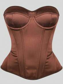 Hourtrue Top corsé sin tirantes para mujer color café brillante de satén con corazón, copa moldeada, espalda con cordones y varillas de plástico, entrenador de cintura para cita retro - Marrón - Ver 11