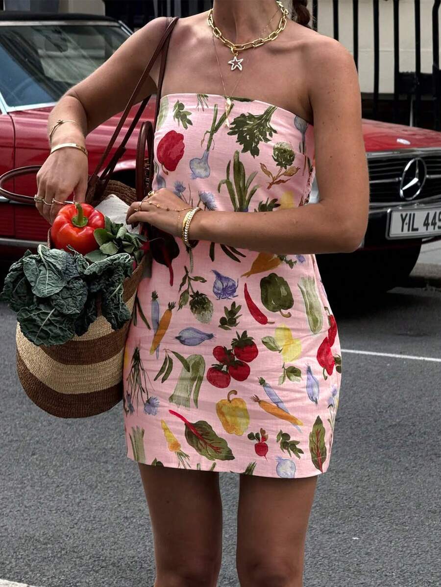 Just Masa 女款夏季休閒度假平口迷你貼身洋裝,蔬菜印花時尚可愛優雅粉色 - 粉色 - 查看 1