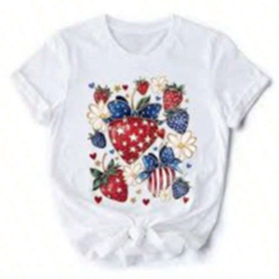 White T-Shirt For Toddlers With Patriotic 4th Of July Print, Casual, Short Sleeve, , Kindergarten Graduation, 4th Of July Girls, Children's Items, Clothing - 珊瑚粉 - 查看 1