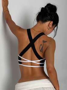 Women's Solid Color Removable Padded Criss-Cross Back Sports Knit Bra - Black - View 2