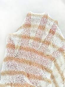 Plus Size Casual Striped Colorblock Asymmetric Design Cape Knit Top Summer - Khaki - View 7