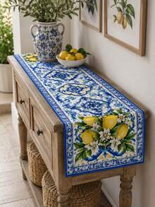 1 Piece Cobalt Blue Lemon Patterned Polyester Table Runner, Retro Ceramic Art Rectangular Table Runner, Outdoor Terrace Tabletop Decoration, Summer Mediterranean Vacation, Backyard Barbecue, Garden Party, Autumn And Winter Tabletop Decoration. - Multicolor - View 1