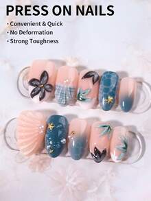 30片短款杏仁形3D凝膠貓眼花卉海洋美甲珍珠裝飾設計法式美甲甲片，短尺寸完美貼合壓克力假指甲套組，含1片雙面膠和1個指甲锉，唯美風格 - 彩色 - 查看 3