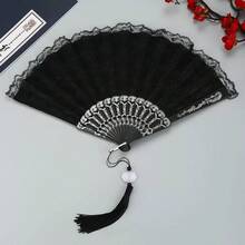 1件女款黑色雙層流蘇手持扇舞時尚摺扇 - 黑色 - 查看 2