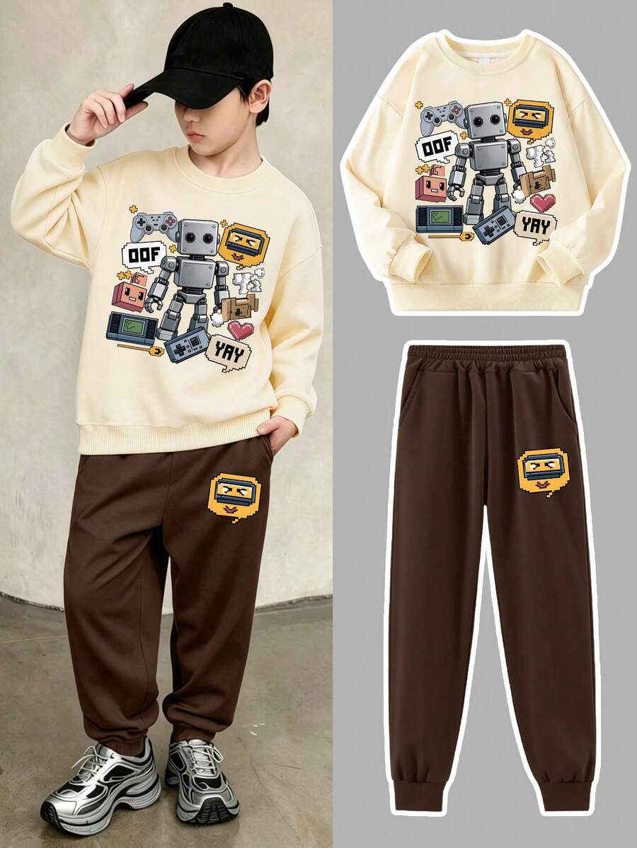 2pcs/Set Kaos Sweatshirt Leher Bulat Anak Laki-laki dengan Motif Robot dan Konsol Game, Dipadukan dengan Celana Jogging Sederhana, Pakaian Musim Gugur/Musim Dingin yang Nyaman - Aprikot - View 1