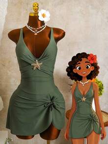 yonghongmaoyi1 Zestiva Falda de traje de baño elegante para mujer con correa ancha de unicolor y decoración de estrella de mar, adecuada para primave - Verde - Ver 2
