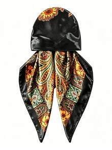 1pc Paisley Cashew Print Satin Bandana Headscarf, Elastic Slouchy Headwrap Scarf, Trimmed Women's Headscarf, Convenient Headwrap Hat Jewelry Accessories - Black - View 8